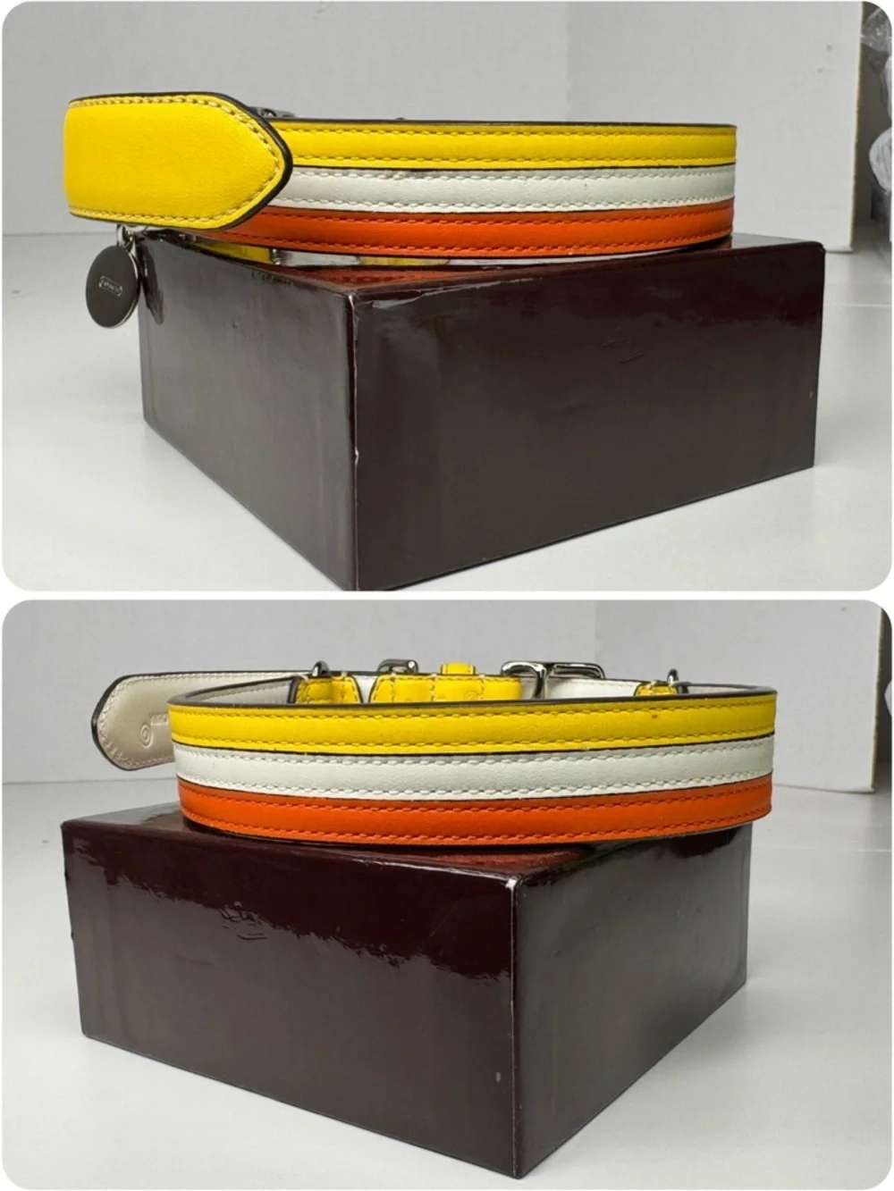 Coach Leather Y2K Striped Yellow White Orange Size Large 17-21” Dog Collar